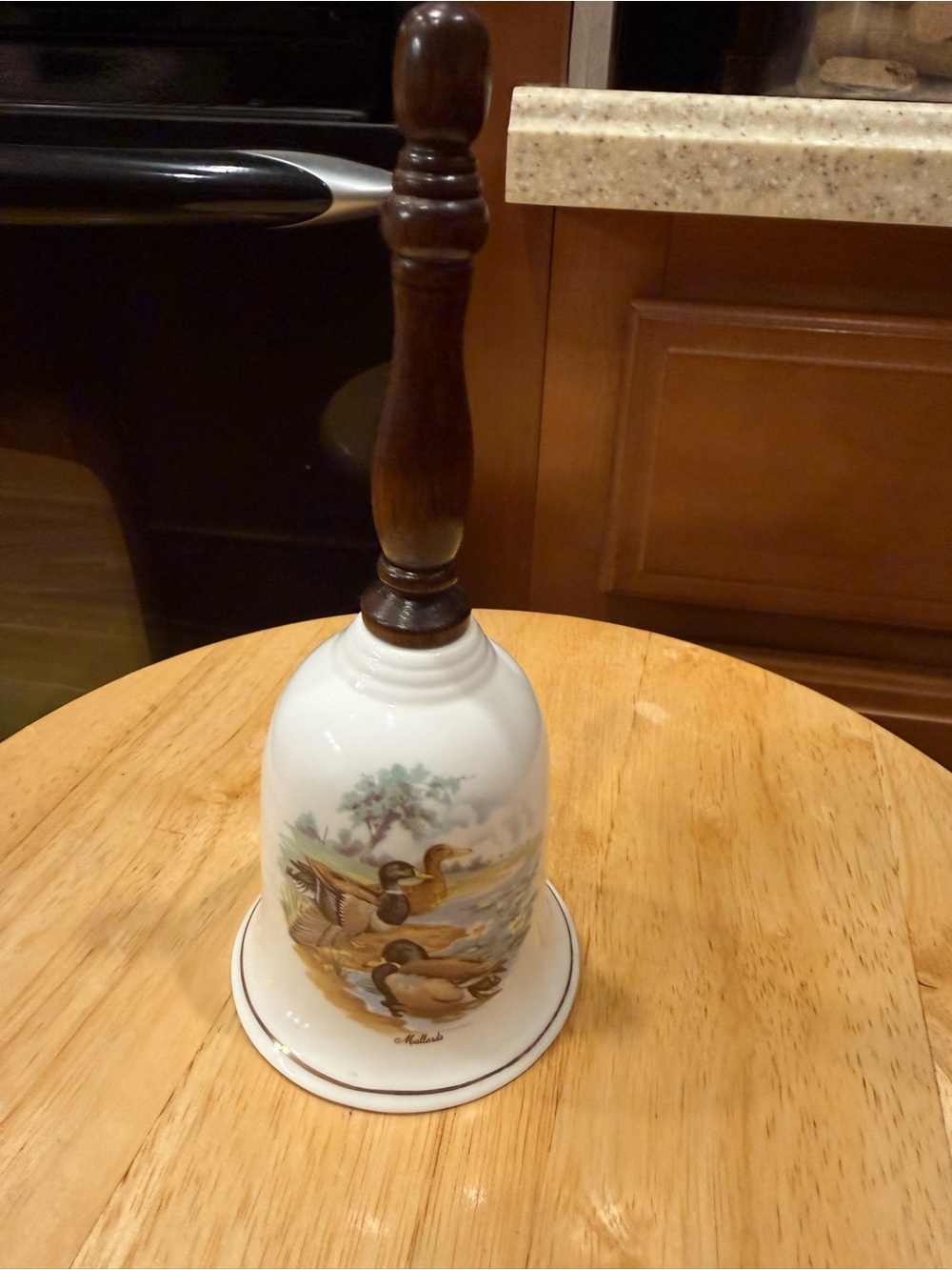 Enesco White Porcelain Bell with Duck Illustration and Wood Handle
